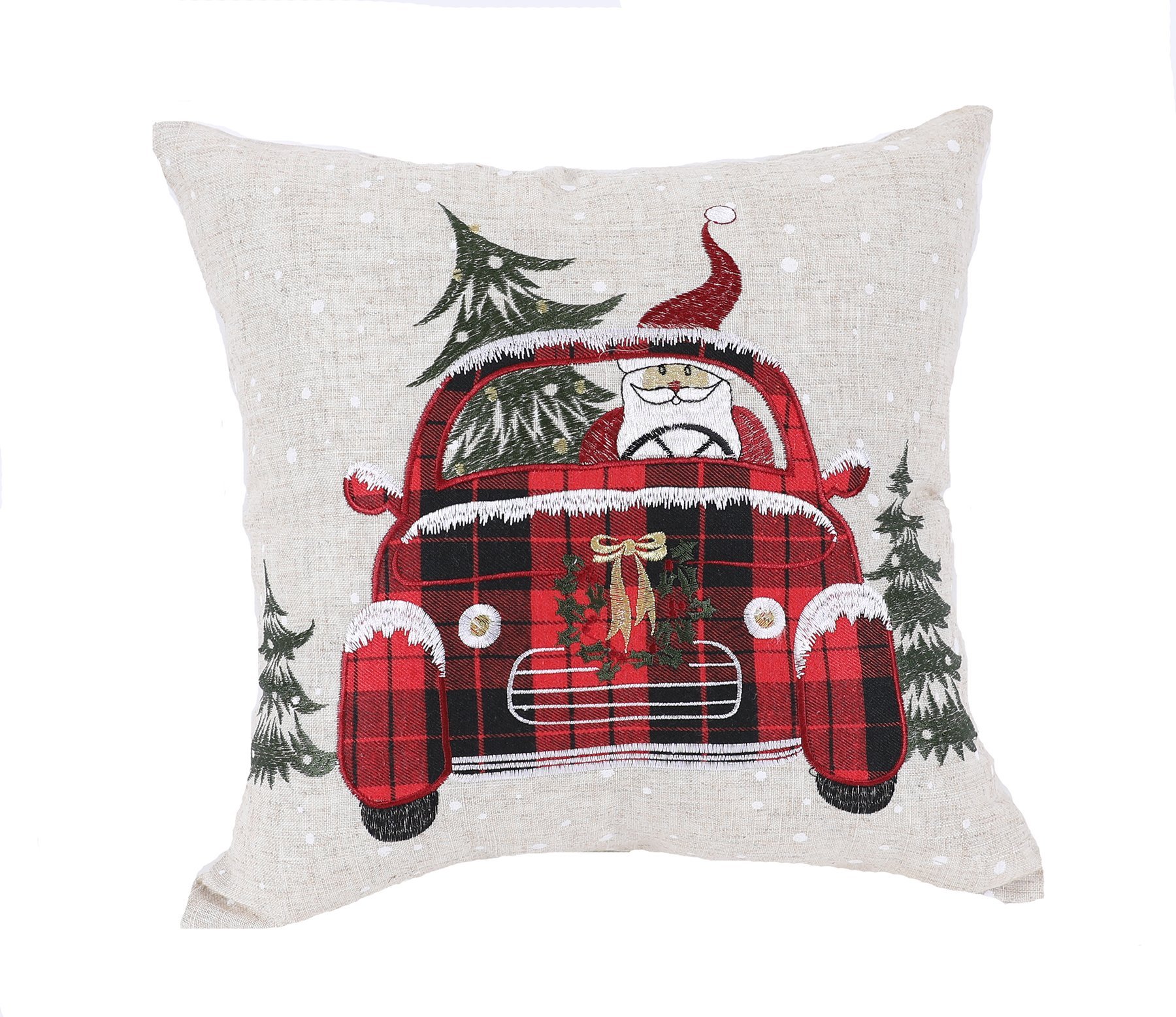 14 by 14-inch Christmas pillow featuring Santa Claus riding a plaid car with a snowy background, perfect for holiday decor.